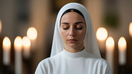 A serene nun prays with closed eyes in front of glowing candles, exuding peace and devotion in a dimly lit setting.