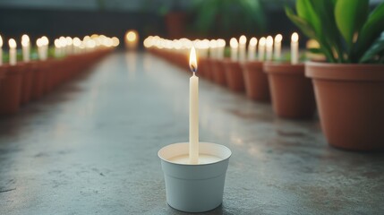 A single lit candle in a white holder stands on the ground, surrounded by rows of potted plants and more candles in the background.