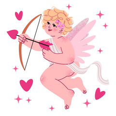 Flat vector illustration of cute cupid with bow and arrow, isolated on a white background. Romantic love and Valentine&rsquo;s Day concept.