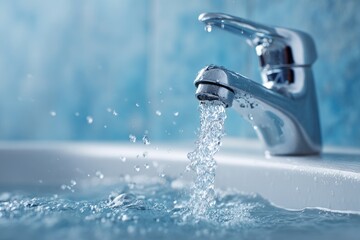 Gleaming metal faucet, water flowing into a basin, creating ripples