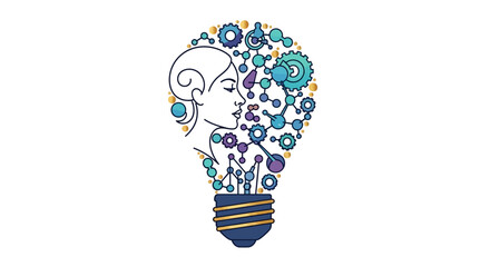 Illustration of a woman's face made of colorful gears and cogs in a lightbulb shape, symbolizing women in science on Women's Day, with a design element on a white background. © Budi