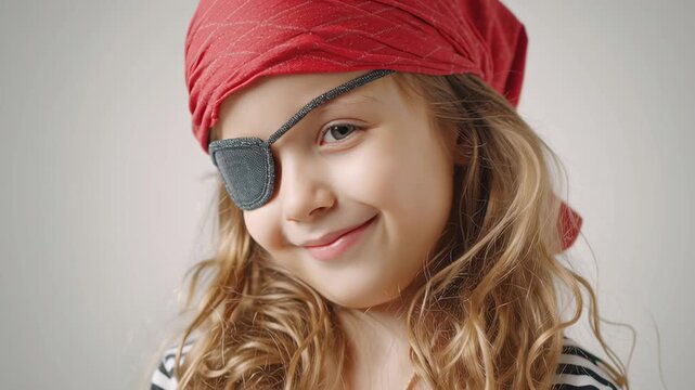 Little girl wearing a pirate costume with a red bandana and eye patch, smiling directly at the camera while embodying joyful childhood imagination and playful adventure