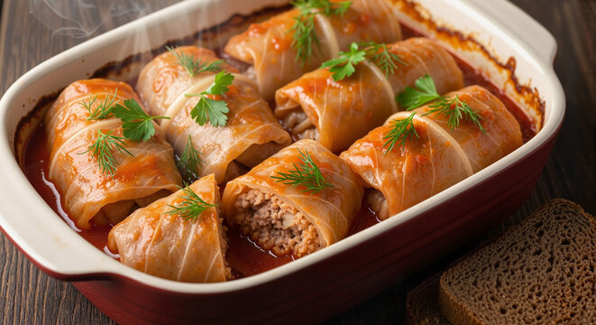 Stuffed cabbage rolls in tomato sauce with herbs in red baking dish  