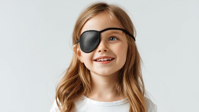 Little girl smiling, wearing a black eye patch as part of an amblyopia treatment plan, improving vision for lazy eye condition with cheerful attitude and medical support