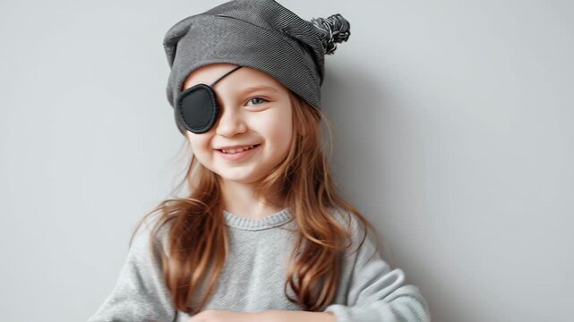 Young girl joyfully posing in a pirate costume, featuring an eyepatch and a grey hat, inspiring themes of childhood fantasy, playfulness, and imaginative adventures