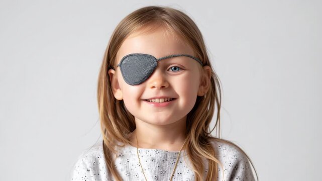 Little girl smiling, wearing eye patch for amblyopia treatment, correcting vision problem, strengthening weaker eye, showing resilience and adaptation during ophthalmology therapy