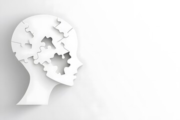 White silhouette of a human head with puzzle pieces missing, symbolizing mental health struggles, inner emptiness, and the complexities of depression and stress management