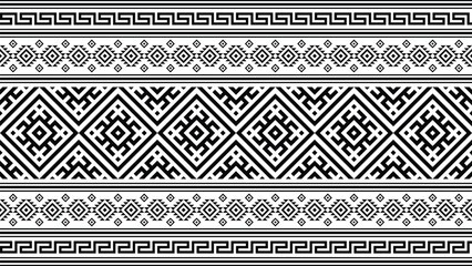 Ethnic geometric horizontal seamless pattern background in black and white with repeating tribal ornaments. Ideal for textile design, wallpaper, wrapping paper, invitation backgrounds, packaging desig