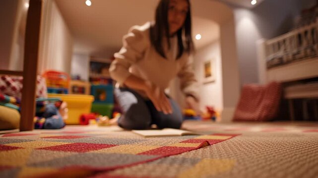 Colorful geometric pattern carpet covering a cozy, warm lit playroom floor, creating a blurred background of scattered toys and a comfortable home basement environment for children