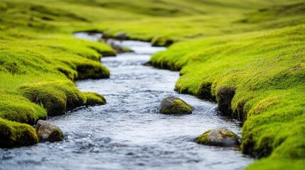 A small, clear stream flows between lush green mossy banks in a peaceful natural landscape.