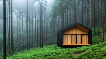 Modern wooden cabin nestled in a lush, misty forest surrounded by tall trees and vibrant greenery.