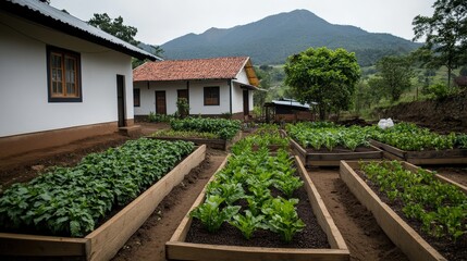 Raised garden beds with lush vegetables beside rural houses and mountains in the background.