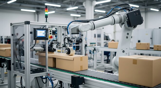 Automated Robotic Arm Packaging Boxes on Factory Line, Smart Manufacturing, Industrial Automation, Warehouse Logistics Technology