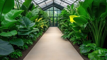 A lush greenhouse walkway lined with vibrant tropical plants and large green leaves under a glass roof.