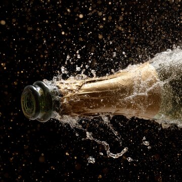 A champagne bottle exploding with champagne, creating a splash of liquid against a black background.