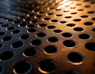 Obraz premium a close up view of a perforated metal surface with circular holes reflecting warm light showing smooth dark tones and hints of wear from constant use