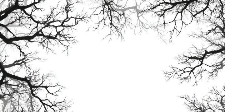 Stark, bare branches form a skeletal canopy against a bright, empty sky