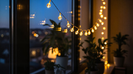 Cozy indoor evening with fairy lights and potted plants by window  