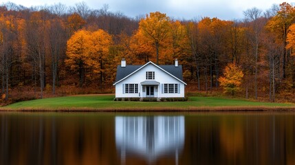 A white house stands by a calm lake, surrounded by vibrant autumn trees reflecting beautifully in the water.