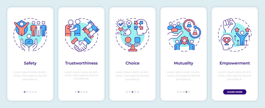 Principles of trauma informed care onboarding mobile app screen. Walkthrough 5 steps editable graphic instructions with linear concepts. UI, UX, GUI. Montserrat SemiBold, Regular fonts used