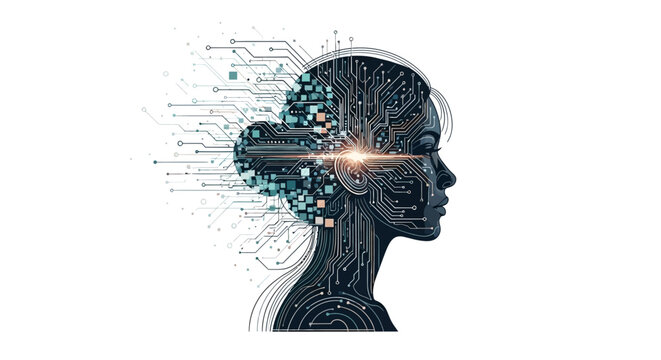 Illustration of a woman's head in profile with a circuit board design and glowing light, symbolizing women in science and technology on Women's Day, against a clean white background with a
