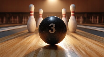 A bowling ball with the number 3, poised on a lane with pins