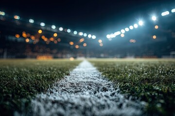 A close-up view of a white line on a grassy stadium field at night