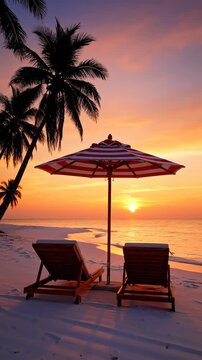 Two empty lounge chairs and a striped umbrella on a serene tropical beach at sunset. This peaceful image is perfect for travel and relaxation concepts