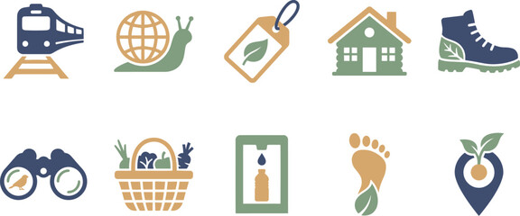 Sustainable travel and responsible ecotourism icons collection with 10 elements twilight blue sage green warm sand train snail globe luggage tag eco lodge hiking boot binoculars market basket refill © Madhuka Disanayaka