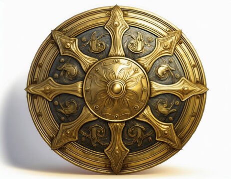 panoramic view of a round gold medieval shield ancient illustrated fantasy design isolated on white