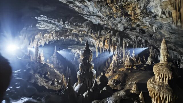 Moving Through a Stalactite Cave Formation With Light Shafts