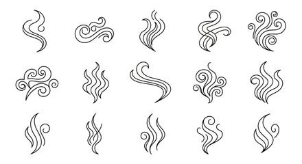 A collection of stylized, hand-drawn black and white illustrations depicting various forms of smoke or steam wisps. © Adel