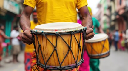 A group of people playing traditional drums on a colorful street, creating a lively and festive atmosphere.
