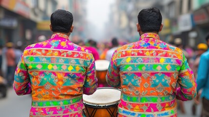 Two men in vibrant traditional costumes play drums in a lively street parade.