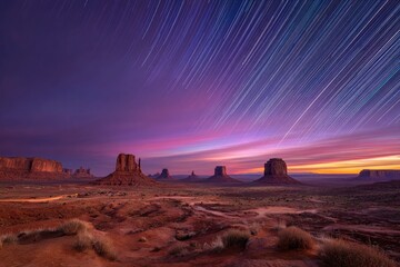 Desert monument landscape under colorful star trails