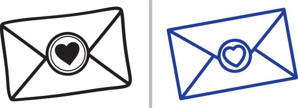Two charming vector envelope illustrations sealed with hearts. One is a classic black hand-drawn outline, while the other features a crisp blue design, perfect for love letters and greetings.