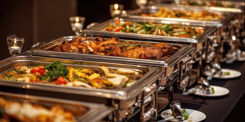 Fototapeta premium Hot chafing dishes filled with various delicious food items line a table