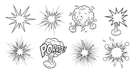 A collection of eight black and white comic book style explosion and impact sound effect graphics. © Adel