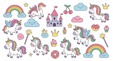 A collection of cute cartoon unicorns, rainbows, castles, clouds, and sweets, perfect for children's designs.