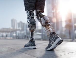 Obraz premium Bionic legs enable athletic movement on an urban street