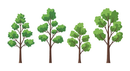 Obraz premium A collection of four stylized illustrations of deciduous trees with green foliage and brown trunks, presented against a white background.