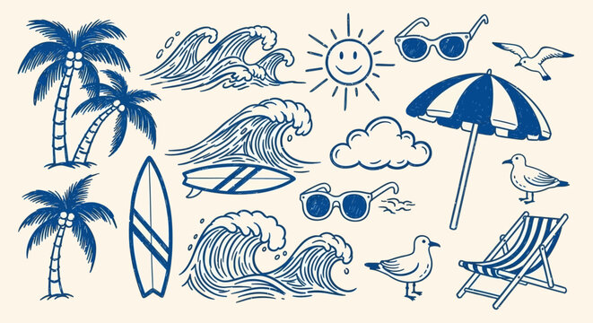 A collection of hand-drawn blue line art illustrations depicting a beach scene with palm trees, waves, surfboards, sun, clouds, seagulls, sunglasses, and a beach chair.