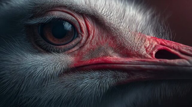 Extreme macro close-up of an ostrich eye with dramatic rim lighting, detailed bird feathers and orange iris, wildlife