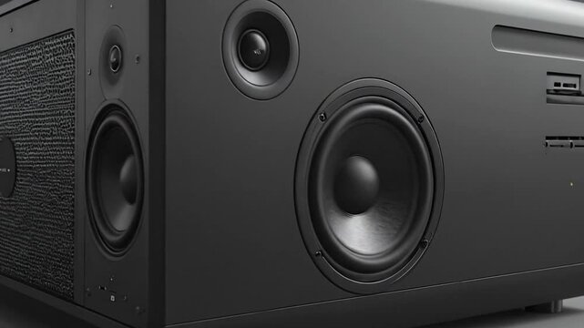 Modern black o speaker system with multiple speakers and a sleek, minimalist design on a gray background.