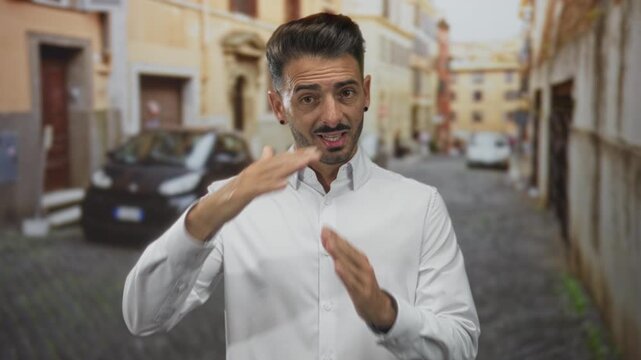 Hispanic man holds hands in timeout gesture on a cobblestone street wearing a white shirt and focused expression; reflection.