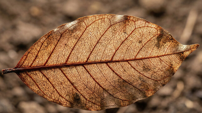 Macro close-up of a dry brown leaf showing intricate vein texture and details on a blurred soil background. Withered fallen Hevea brasiliensis foliage representing autumn, decay, and natural