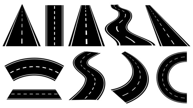 Road, highway isolated curves, turns, bankings, and perspectives vectors