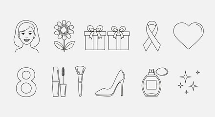 Fototapeta premium A collection of line art icons representing women's day, including a woman's face, a flower, gifts, a ribbon, a heart, the number 8, makeup, a high heel, perfume, and sparkles.