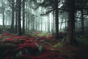 Fototapeta premium Misty forest floor carpeted with vibrant red foliage, ancient trees loom