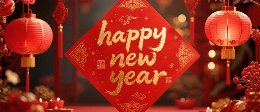 Vector illustration of a happy Chinese New Year greeting card featuring red festive lanterns and seasonal winter decorations like snowflakes and gift boxes for a merry holiday celebration design